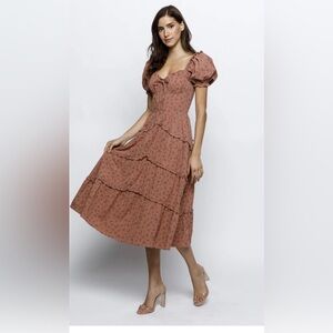 Storia Rust Floral Tiered Midi Dress with Puff Sleeves